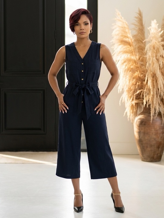 a new day Pants - a new day Navy Button-Front Tie Waist Sleeveless Jumpsuit☑️